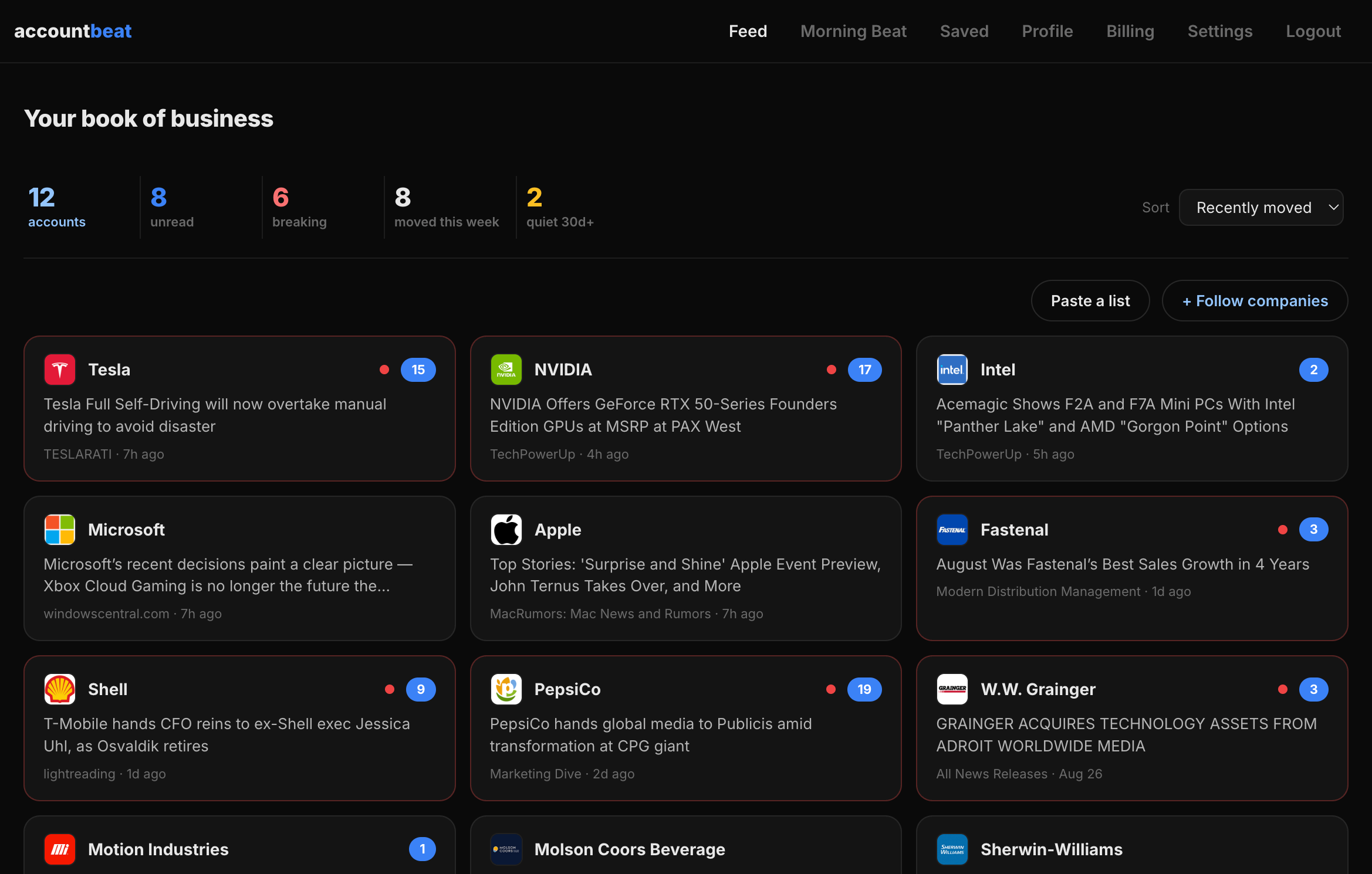 The AccountBeat dashboard: every account in your book side by side, each showing what is new